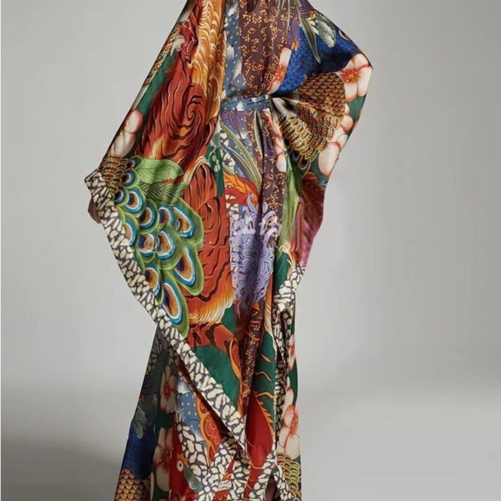 Boho Jewel Peacock Feather kimono W/Sash Tie, Feather Print Duster